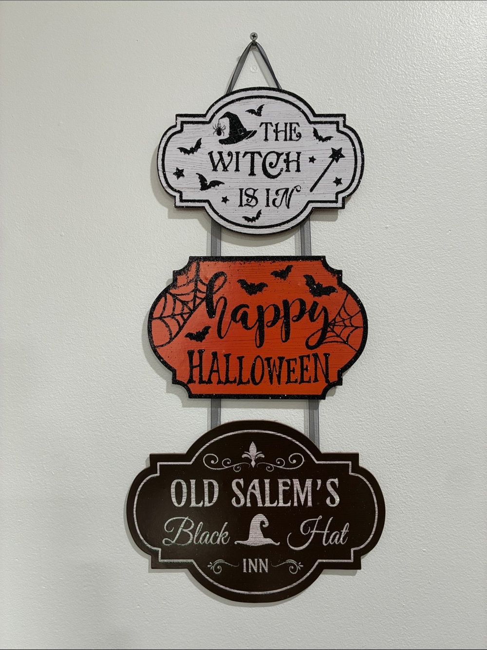 NWT- Glittered- The Witch Is In, Happy Halloween, Old Salems Black Hat Inn Sign